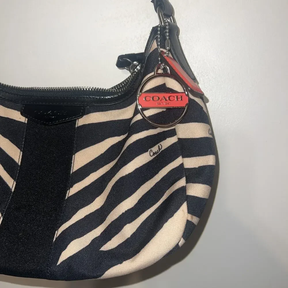 Coach Signature Zebra Stripe Black & Tan Canvas Shoulder Purse